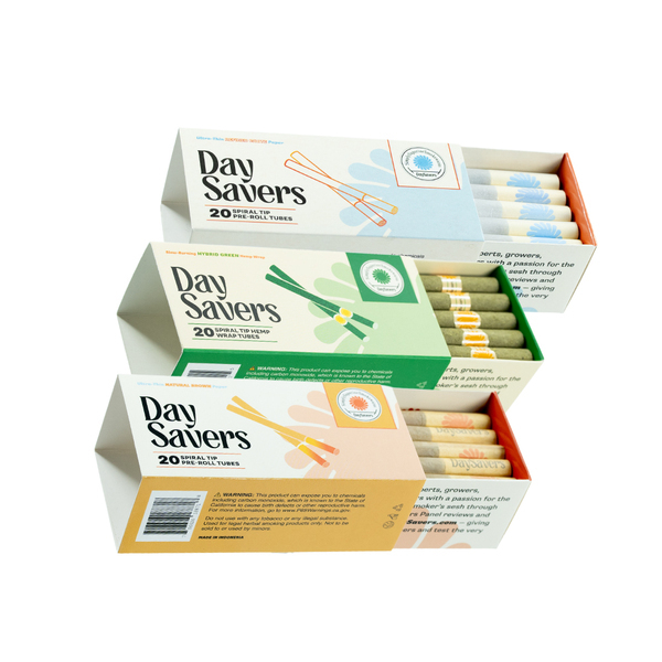 DaySavers 60 Artisan Pre-Roll Tubes in Refined White, Natural Brown and Hybrid Green Hemp Wrap