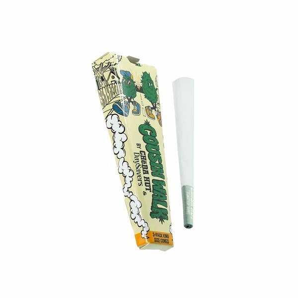 cousin walk three pack box beside one of its white paper pre rolled cones with a green filter tip