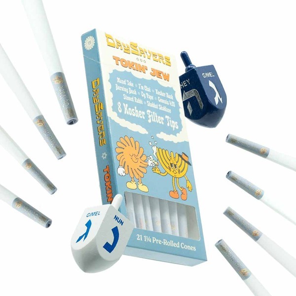 daysavers tokin jew box with white paper pre rolled cones floating beside blue and white dreidels