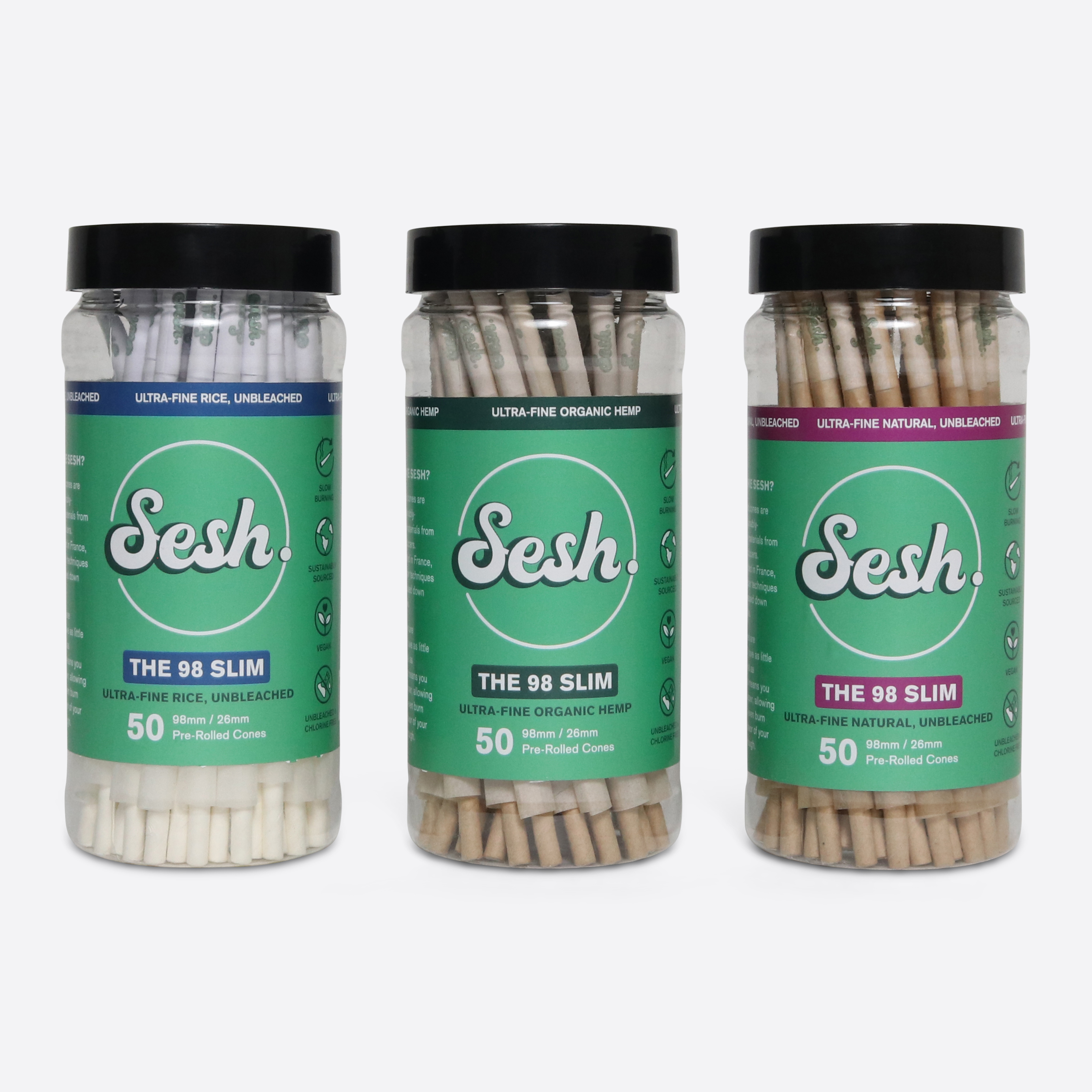 Sesh Pre-rolled paper cones - Natural, Organic Hemp, Rice - 98mm Slim