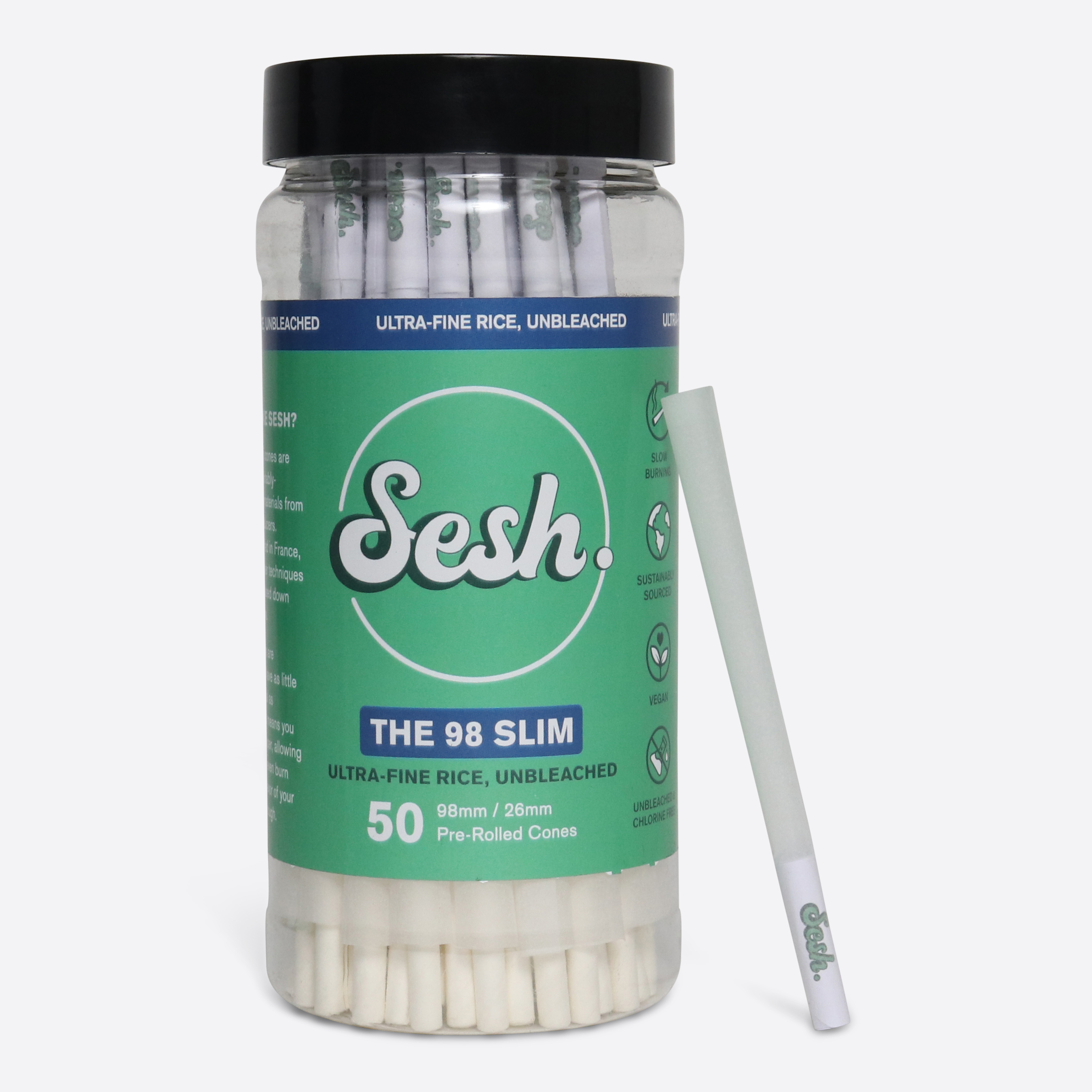 Sesh Rice Pre-rolled Cones - 98mm Slim - jar of 50