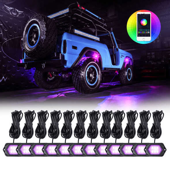 12 Light Pods/Set RGB LED Rock Light 121 Colors Changed Phone Bluetooth Control Waterproof Universal Fit for Car SUV Off-Road