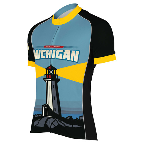 Michigan cycling jersey men's bike shirt for biking and road riding with lighthouse front left view