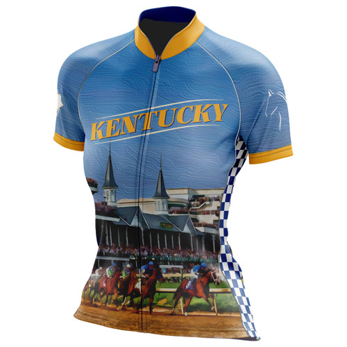 Kentucky cycling jersey women's bike shirt for biking and road riding with derby horse race whiskey barrels and distillery front view