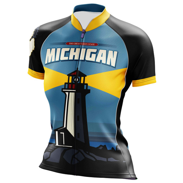 Michigan cycling jersey with lighthouse bike shirt in women's short sleeve for biking and road riding front view