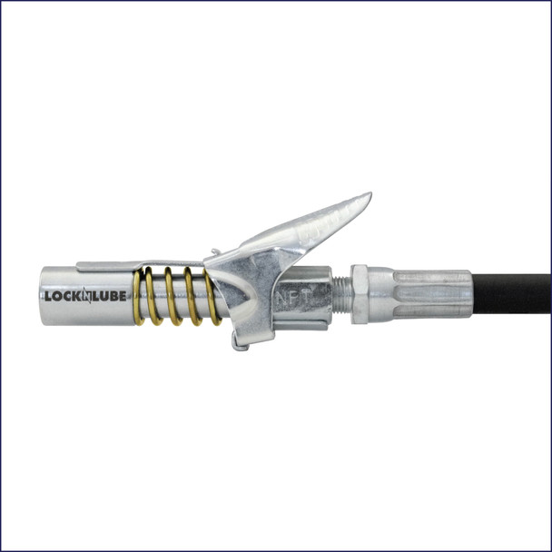 The LockNLube® Grease Coupler is compatible with all grease guns and grease fittings. It does not leak once locked on and will not pop off under pressure. No hands are needed to align or hold the coupler in place while greasing. You have both hands free to operate your grease gun and know that the grease will go in, not on, your machine. Guaranteed.