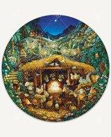  Puzzle featuring the artwork "Silent Night" by Bill Bell, portraying Baby Jesus in a manger surrounded by chickens, rabbits, doves, donkeys, and goats, with the Three Wise Men in the distance and angels floating around the stable and barn. 