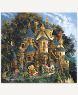  Whimsical castle with golden stone walls and blue spires nestled in a forest, where colorful scholars in patchwork robes carry scrolls, staffs, and books along winding steps, creating a magical, storybook scene. 