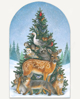  A handcrafted wooden jigsaw puzzle featuring a whimsical winter scene by Lynn Bywaters. The artwork showcases an evergreen tree decorated with woodland animals, including a deer, fox, raccoon, owl, and birds, set against a snowy forest backdrop. 