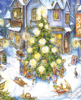  Close up of a snowy town square with a glowing Christmas tree, festive shopfronts, and townspeople celebrating the holiday season in a whimsical winter setting. 