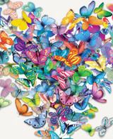  Close up of Wildheart wooden jigsaw puzzle capturing a heart shape formed by colorful butterflies. 