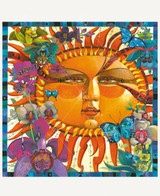  Rays Of Sunshine wooden jigsaw puzzle features a sun that has features of a human face with wavy sun rays circling are it. Colorful orchids stretch up the sides of the image as butterflies flutter from flower to flower. A blue patterned box frames around the artwork. 