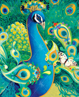  Close-up of Paisley Peacock wooden jigsaw puzzle capturing a glimpse of a peacock with all its feathers fanned out. White butterflies flutter by as a way to say hello. On the left side of the image are repeating Indian style designs, which the peacock originates from. 