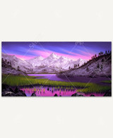  Sierra Stars wooden jigsaw puzzle captures an evening scene of a lake surrounded by white snow capped mountains with a purple and pink star filled sky above. Tall grass peeks up through the water as the colors are reflected from the sky. 