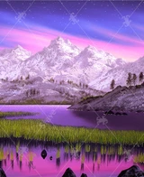  Close up of Sierra Stars wooden jigsaw puzzle, capturing an evening scene of a lake surrounded by white snow capped mountains with a purple and pink star filled sky above. Tall grass peeks up through the water as the colors are reflected from the sky. 
