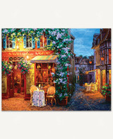  Savoie wooden jigsaw puzzle features a table for two set up outside a quaint restaurant in the quiet corner of the French Alps. 