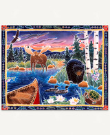  Sunrise At Bear Lake wooden jigsaw puzzles illustrates a canoe floating through the water as the sun rises view over the mountains. A moose cools off in the water as a black bear hangs out along the shore. Two ducks swim past the canoe while a turtle lays on a nearby log. Up in the birch tree, a woodpecker watches a fish jump out of the water, and an eagle takes in the view as it flies overhead. 