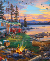 Close-up of Happy Campers wooden jigsaw puzzle, bringing viewers to an evening scene of a campsite, where a vintage red pickup truck and Airstream camper are parked for the night. Log benches are layed in a horseshoe around a blazing fire. Two dogs look towards the lake as their owner is in a boat fishing. Geese fly overhead in the colorful sunset sky. 