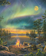  Close up of Light Up The Night wooden jigsaw puzzle, inviting viewers to sit on log benches around the campfire by a lake in the North American wilderness. A canoe sits parked on the rocky shore. Pine trees stretch up towards the stars as the northern lights dance across the evening sky. The last bit of sunlight glows bright orange over the horizon, reflecting over the water. 