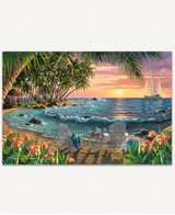  Summer Breeze Bay wooden jigsaw puzzle brings viewers to paradise on the beach where two Adirondack chairs and a table with beverages sit facing the sunset. Palm trees and flowers follow along the sandy shore. A sailboat waits off the coast in the blue water. 