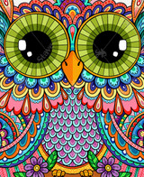  Close-up of Cutie Hootie wooden jigsaw puzzle, displaying an owl sitting on a branch with two purple flowers on each side of its talons. The owl's feathers are decorated with colorful shapes and designs. The owl has big green eyes that look straight at the viewer. 