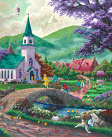  Close-up of Easter Sunday wooden jigsaw puzzle revealing a scene outside a church where children are having an Easter egg hunt. Two kids walk over a stone bridge to follow a trail of eggs that leads to the Easter Bunny. 