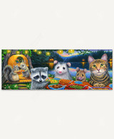  Mr. Tabb's Potluck Dinner wooden jigsaw puzzle shows woodland friends enjoying a potluck dinner at dusk on the lake. 