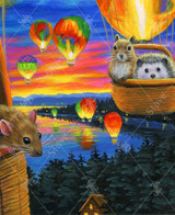 close up of handcrafted wooden jigsaw puzzle of a cat and his small animal friends floating above a lake at sunset in a couple hot air balloons while other hot air balloons floating behind them. 