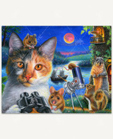  handcrafted wooden jigsaw puzzle of Lena the cat and her small animal friends observing a lunar eclipse near a pond 