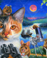  close up of the handcrafted wooden jigsaw puzzle of Lena the cat and her small animal friends observing a lunar eclipse near a pond 