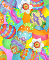  Close-up of Tossed Eggs wooden jigsaw puzzle featuring vibrant pile of Easter eggs, all with different colors and patterns. Three daffodils are scattered on top of the eggs, adding to the spring feel. 