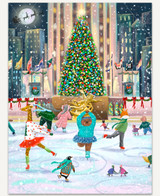  Rockefeller Skate Party wooden jigsaw puzzle showcases a group of animals dressed in their winter clothing as they skate around the ice rink at Rockefeller Center. A bear twirls in the center of the ice as other animals skate around it. In the background, a bright christmas tree lights up the space and city buildings stretch upwards to the sky. 