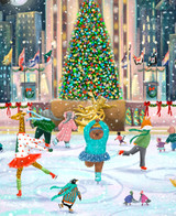  Close-up of Rockefeller Skate Party wooden jigsaw puzzle showcasing a group of animals dressed in their winter clothing as they skate around the ice rink at Rockefeller Center. A bear twirls in the center of the ice as other animals skate around it. In the background, a bright christmas tree lights up the space and city buildings stretch upwards to the sky. 