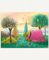  Camping Companions wooden jigsaw puzzle unfolds a tent and camping gear set up by trees and bushes as a group of curious critters sit outside the tent. Flowers and mushrooms bloom in the grass as feathers and petals dance around in the air. The pastel orange sky shines above a lake and mountains, brightening the scene. 