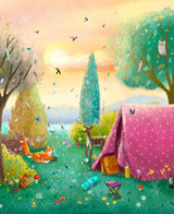  Close-up of Camping Companions wooden jigsaw puzzle showing a tent and camping gear set up by trees and bushes as a group of curious critters sit outside the tent. Flowers and mushrooms bloom in the grass as feathers and petals dance around in the air. The pastel orange sky shines above a lake and mountains, brightening the scene. 