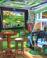  Close-up of Fore The Good Times wooden jigsaw puzzle unveiling a golf lovers paradise inside a rec room, where the wallpaper, rugs, ceiling, artwork, and furniture fit the golfing theme. A giant screen on the wall displays a golfing game with golf clubs set aside for someone to play and a golf cart is parked in the middle of the room. 