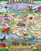  Close up of Oklahoma, USA wooden jigsaw puzzle displaying a map of Oklahoma, full of small illustrations that represent the state, including Route 66, Bigfoot, buffalo, strawberries, and much more. 