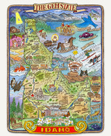  Idaho, USA wooden jigsaw puzzle displays a map of Idaho, full of small illustrations representing the state, including Yellowstone National Park, star garnet, hot springs, huckleberries, and so much more. 