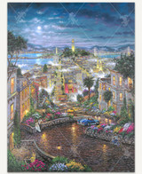  Moonlight Over Lombard wooden jigsaw puzzle reveals the busy streets of San Francisco, as cars drive along the windy road that leads to the city. City buildings and headlights illuminate the roads and bridge. The moon light reflects off the water that peeks out from behind the buildings. 