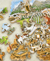  Pieces taken apart of No Bones About It wooden jigsaw puzzle, showing a group of archeologist dogs who have found a dinosaur skeleton hidden under a mountain. Each dog is clean off the bones, using a magnify glass to inspect their find, or digging for more treasure. 