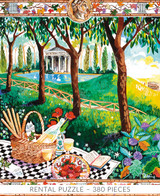  Close-up of Rome picnic wooden jigsaw puzzle, capturing a picnic basket full of wine and breadsticks sitting next to a plate of strawberries on a checkered blanket on the grass. Behind a line of trees, a Roman temple and a pond with swans sits at the top of a hill. Running parallel to the trees, a pathway down the hill leads to the Colosseum in the distance. Grape vines and birds form a frame around the scene, where there is a Roman God at the top. 