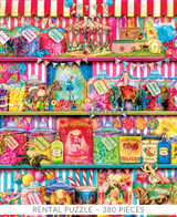  Close-up of The Sweet Life wooden jigsaw puzzle, presenting an arrangement of colorful candy jars on shelves. A tiny circus act is scattered throughout the candy – from a merry-go-round to a clown on an elephant and a camel to a girl riding a lion. Behind the jars are striped backgrounds with purple curtains framing the top corners of the image. 