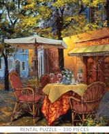  Close-up of Piazza di Viterbo wooden jigsaw puzzle capturing two dining tables set up with table clothes, flowers, and wine glasses outside of a restaurant in Europe. A tree's branches stretch over the scene, with fallen leaves spread along the walkway. 