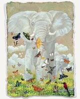  March Of The Butterflies wooden jigsaw puzzle captures a mother elephant with her calf marching through a field of yellow flowers and butterflies flying around them. 