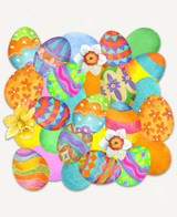  Tossed Eggs wooden jigsaw puzzle featured vibrant pile of Easter eggs, all with different colors and patterns. Three daffodils are scattered within the eggs, adding to the spring feel. 