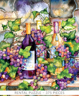  Close-up of The Wine Cellar wooden jigsaw puzzle showing wine bottles nestled between clusters of purple grapes on a shelf against a stone wall background. 