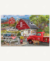  A colorful farmyard scene featuring a red barn with a cow-print roof, cows grazing in the field, a red vintage truck, an ice cream stand, sunflowers, picnic tables, and dogs resting in the sun. 