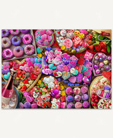  A vibrant Valentine’s Day dessert scene overflowing with sweets, including chocolates, cookies, donuts, and fruit, arranged in a colorful, tempting display that feels festive, indulgent, and full of heart. 