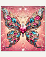  A radiant butterfly with wings decorated in colorful, gem-like details. A glowing backlight creates a radiant halo effect, giving the butterfly a dreamlike presence. The scene is framed by ornate gilded swirls with rich ruby accents. 