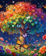  Close up of a whimsical tree with rainbow-colored leaves stands atop a sunny hill, surrounded by blooming wildflowers and colorful butterflies. 